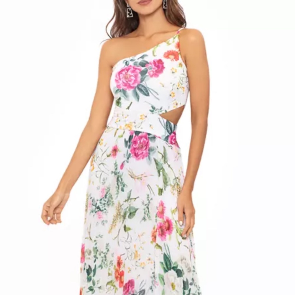 BETSY & ADAM Chiffon Gown Size 8 white Floral One Shoulder Cut Out Dress…